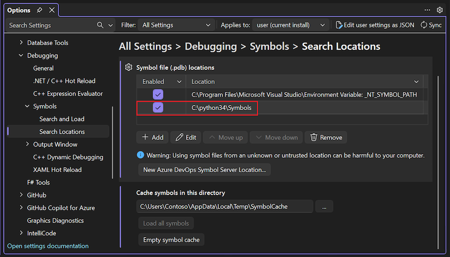 Screenshot che mostra come specificare il percorso dei simboli del debugger in modalità mista Python.