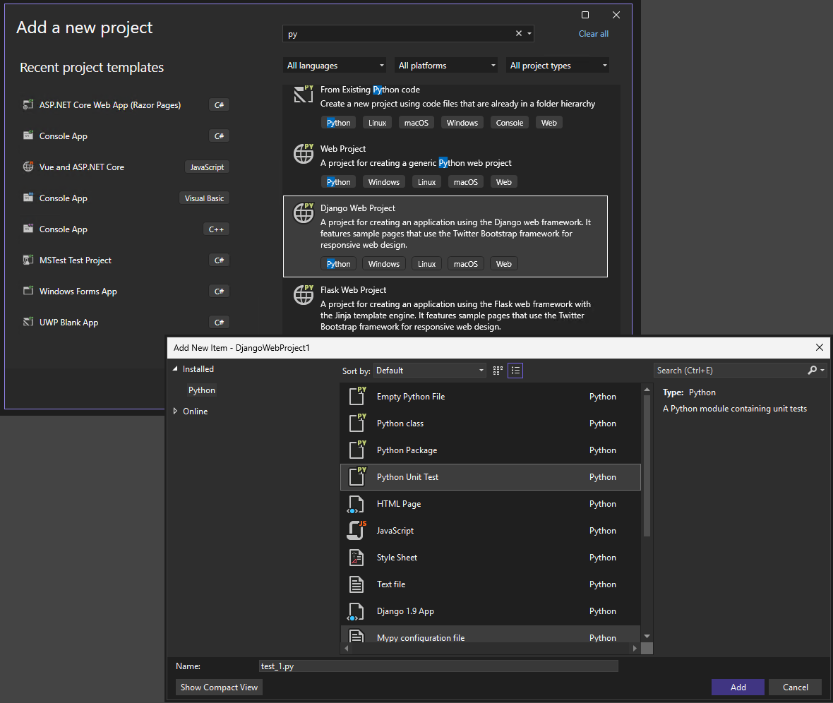 Screenshot dei modelli di progetto e di elemento Python in Visual Studio.