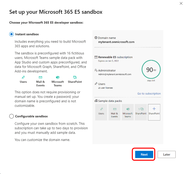 sandbox di Microsoft 365 Developer