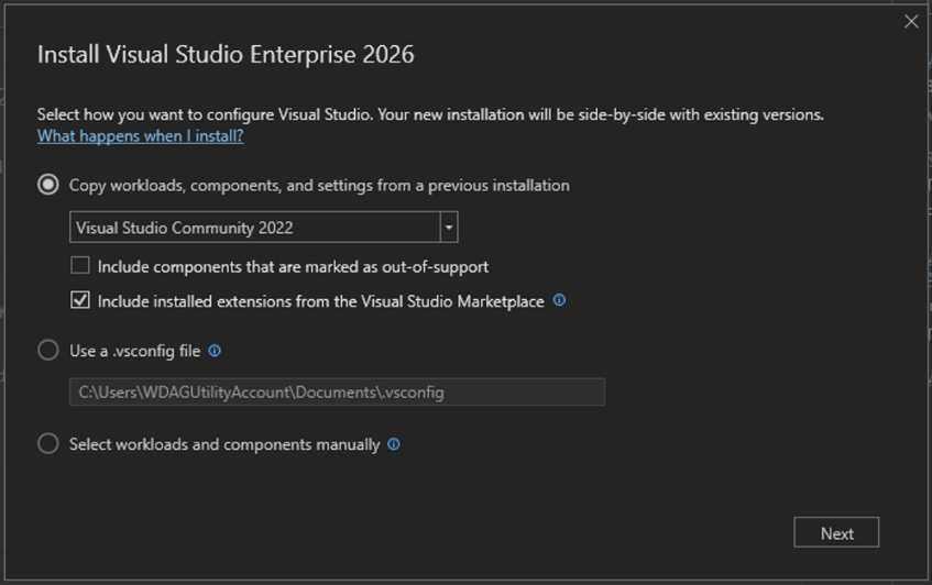 Screenshot della configurazione di installazione di Visual Studio Enterprise 2026.