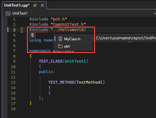 Screenshot che mostra Esplora soluzioni con un'istruzione #include con IntelliSense che evidenzia un file di intestazione in Visual Studio.