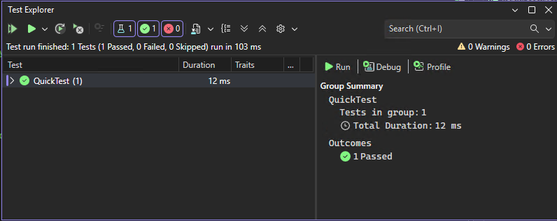 Screenshot che mostra Esplora test dopo l'esecuzione dei test in Visual Studio.