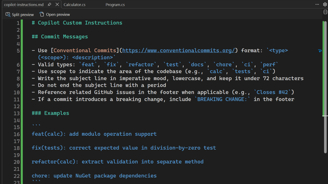 Schermata che mostra un file di istruzioni di Copilot con regole per i messaggi di commit.