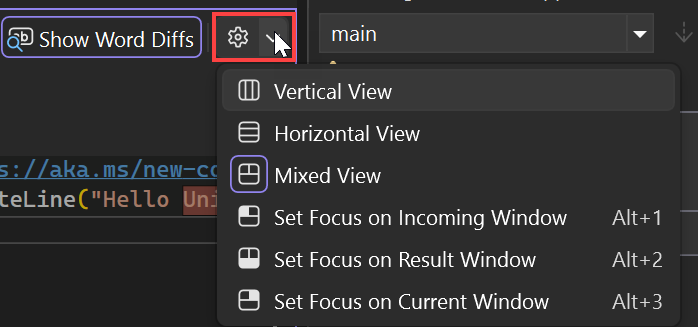 Screenshot che mostra le opzioni di layout dell'editor di merge.