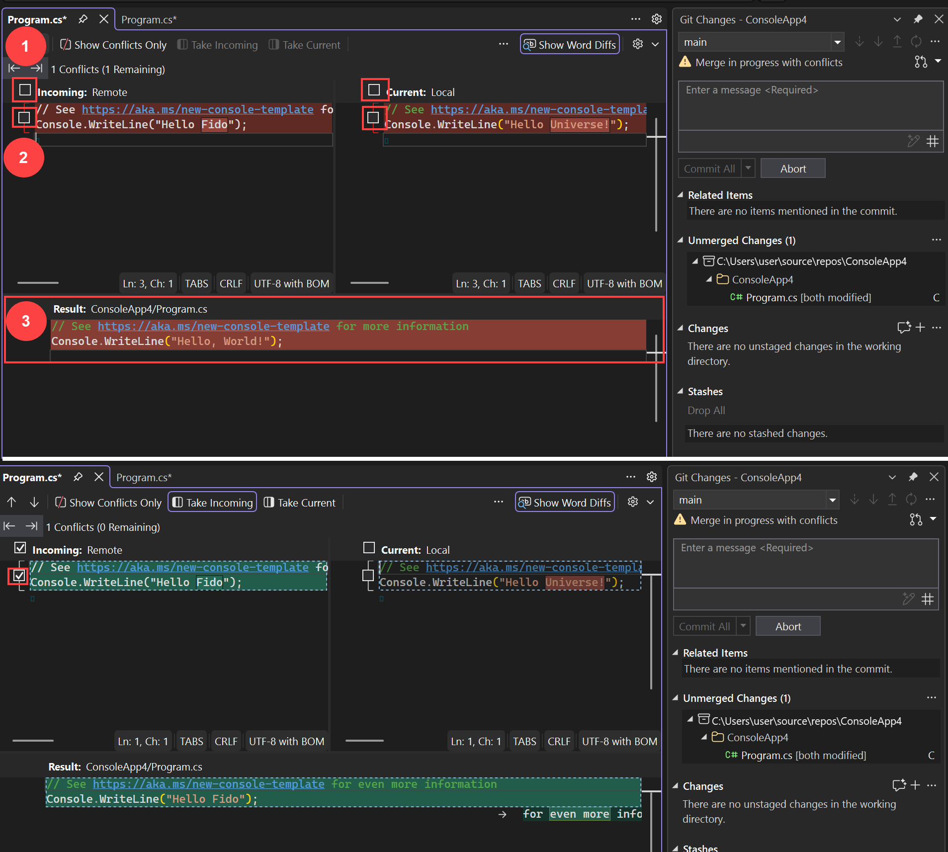 Screenshot che mostra come risolvere un conflitto di merge in Visual Studio.