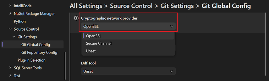 Screenshot che mostra l'opzione 'Cryptographic network provider' con 'OpenSSL' selezionata nell'elenco a discesa.