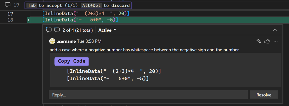 Screenshot che mostra come applicare un suggerimento di codice da un commento di richiesta pull in Visual Studio.
