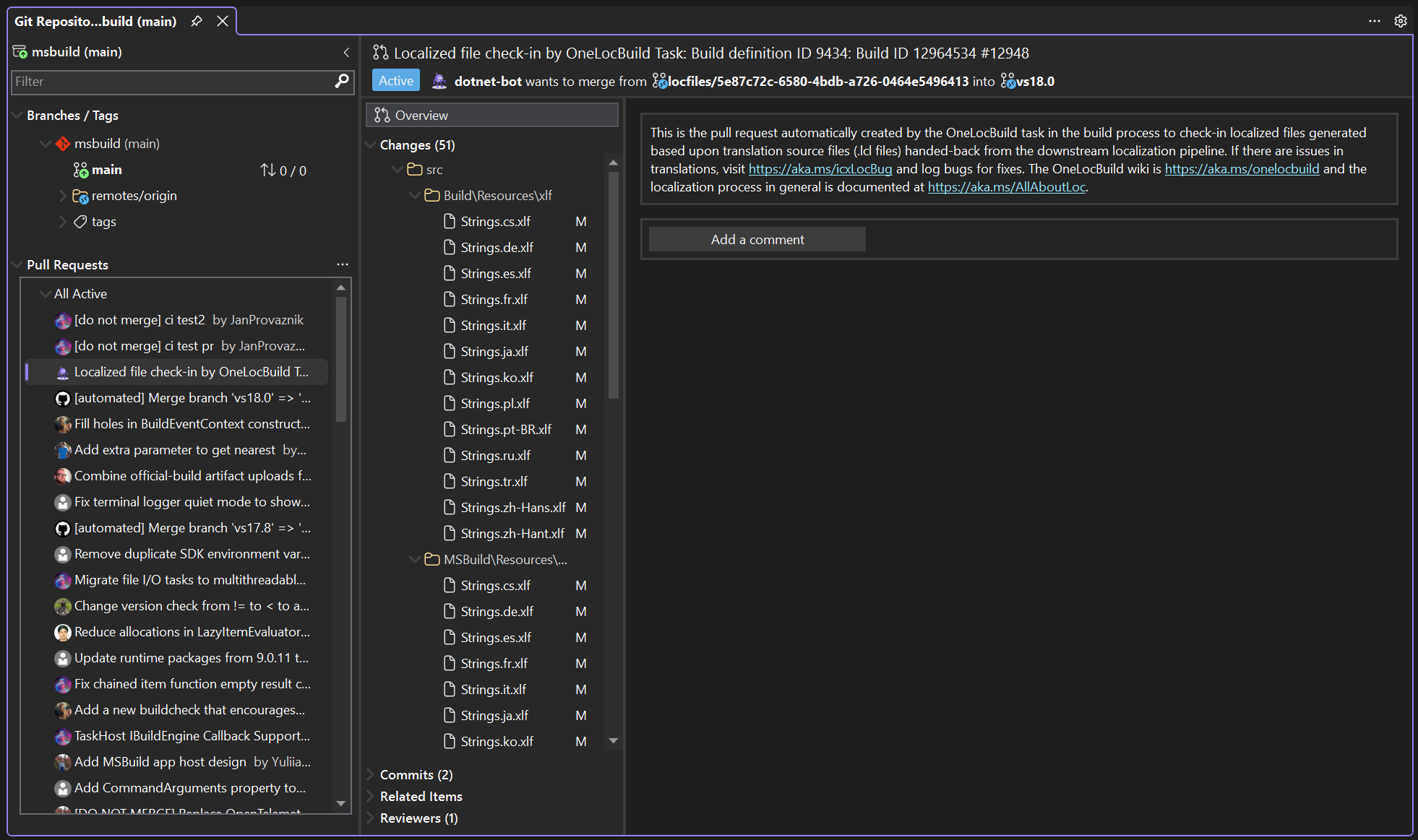Schermata della finestra del repository Git in Visual Studio con Branch o Tag e richieste di pull nel riquadro sinistro e i dettagli della richiesta di pull nel riquadro principale.