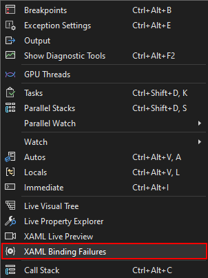 Screenshot dell'opzione Errori di associazione XAML nel menu Debug.