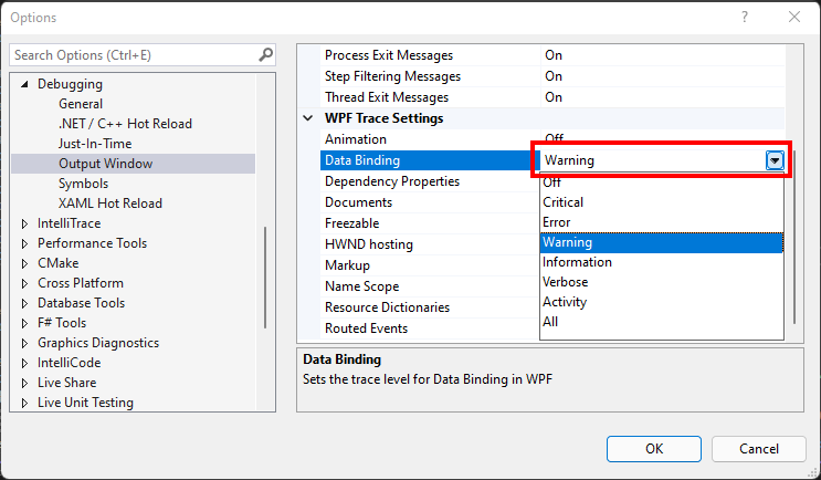 Screenshot dell'opzione Data Binding nel gruppo Impostazioni traccia di WPF.