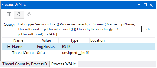 Schermata della finestra Modello di dati che mostra due schede con titoli personalizzati in WinDbg.