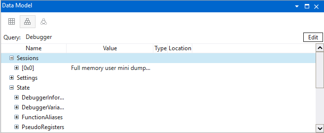 Screenshot della finestra Modello dati con le sessioni degli oggetti di debug in WinDbg.