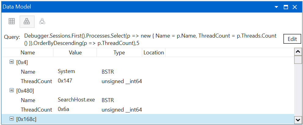 Screenshot della finestra Modello di dati che mostra i processi e i thread in WinDbg.