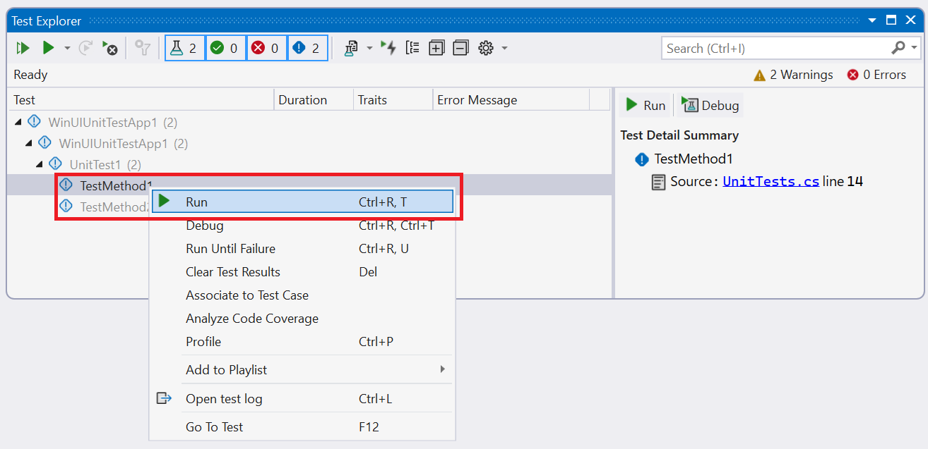 Screenshot della finestra Esplora test in Visual Studio che mostra il menu di scelta rapida del test con il comando Esegui evidenziato.