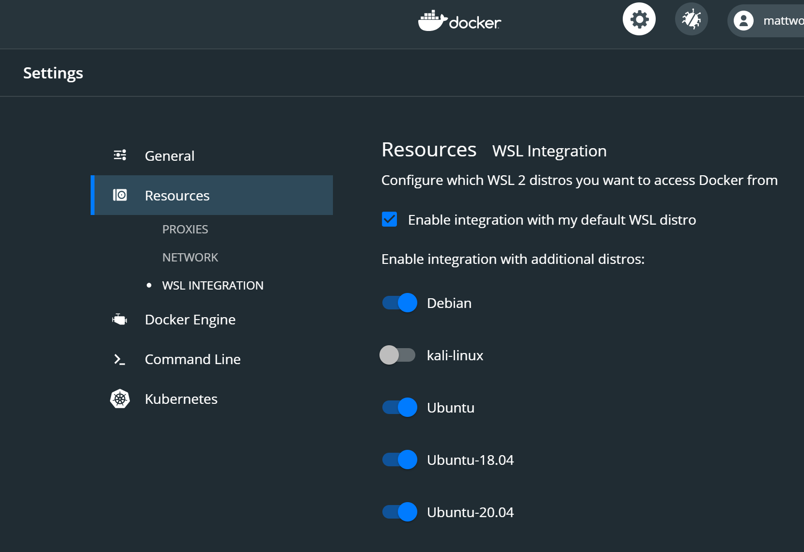 Screenshot del menu WSL2 di Docker Desktop
