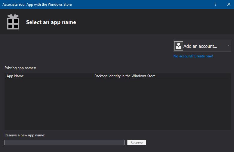 Finestra per la creazione di pacchetti app con il nome dell'app selezionato visibile