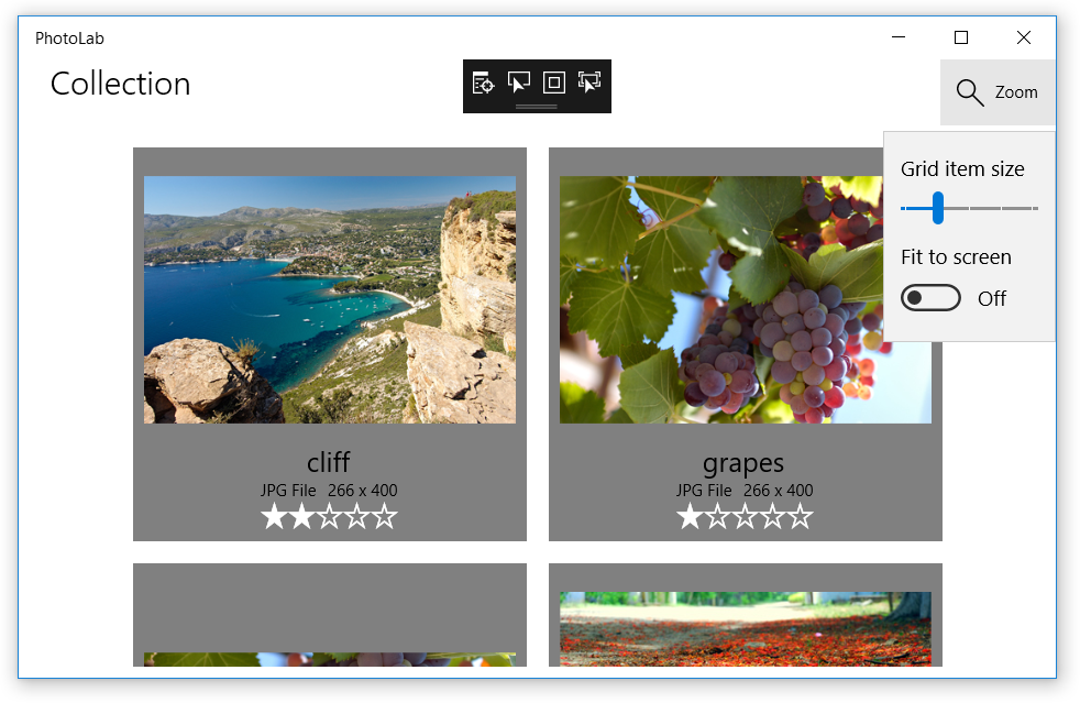 App in esecuzione con slider di zoom che mostra
