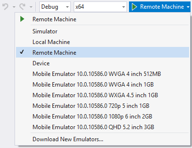 elenco a discesa delle destinazioni di debug di Visual Studio