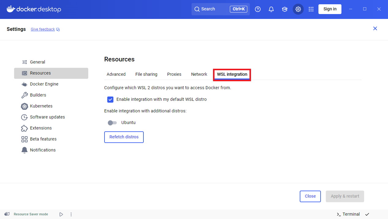 Impostazioni delle risorse di Docker Desktop