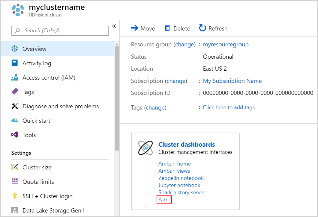Azure Portal에서 YARN UI를 시작합니다.