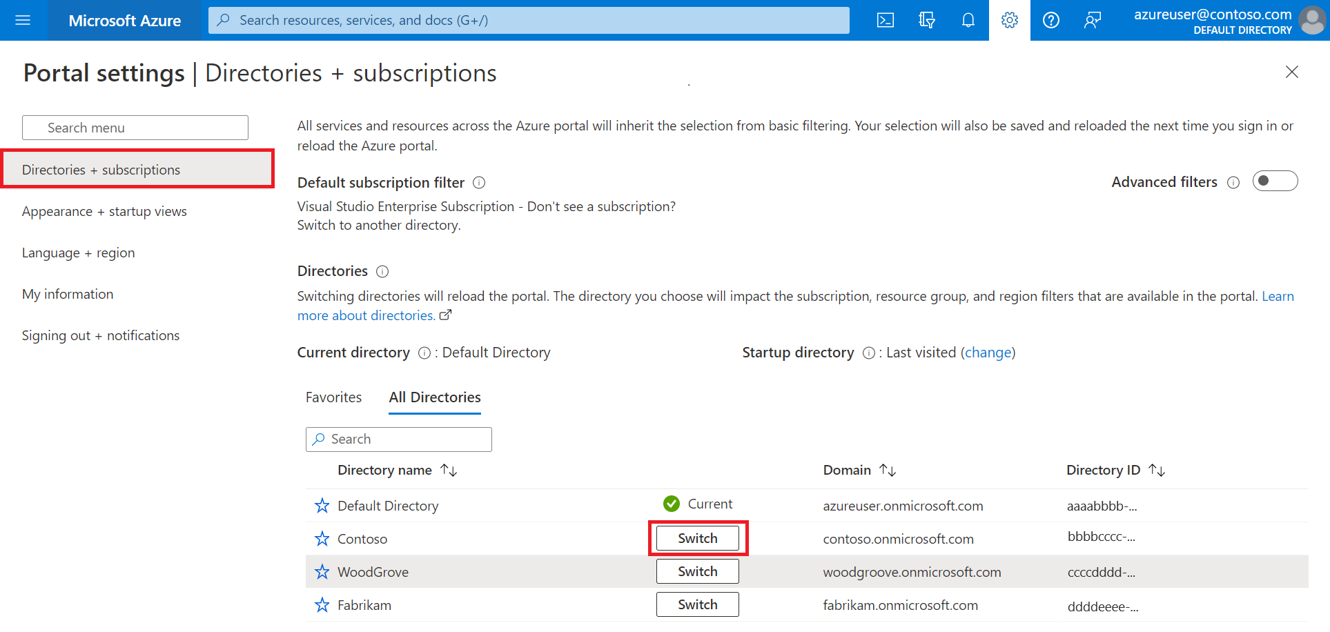 directories and subscriptions 창의 스크린샷.