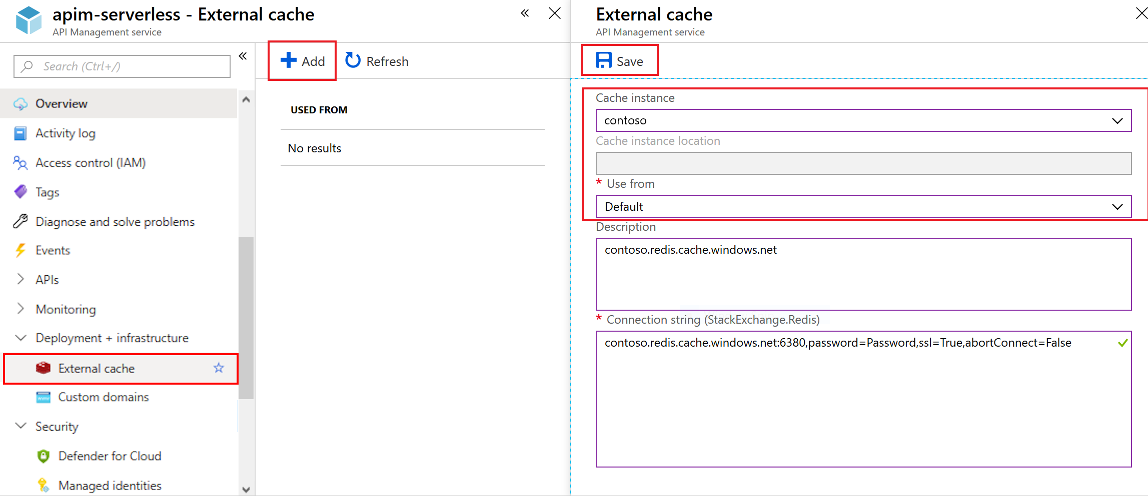 Azure API Management에서 외부 Azure Managed Redis 캐시를 추가하는 방법을 보여 주는 스크린샷