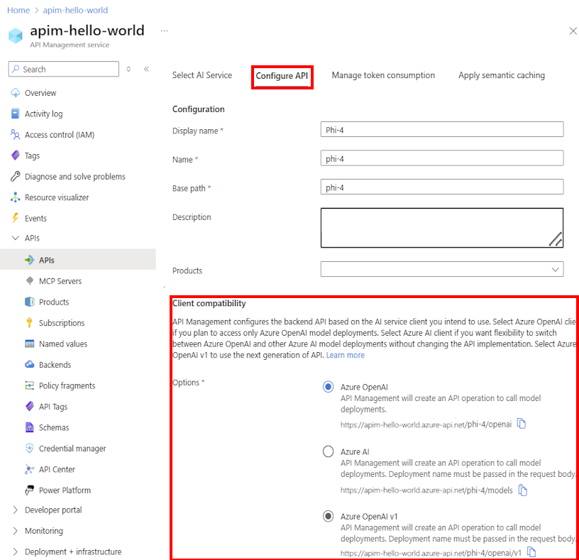 포털의 Microsoft Foundry API 구성 스크린샷