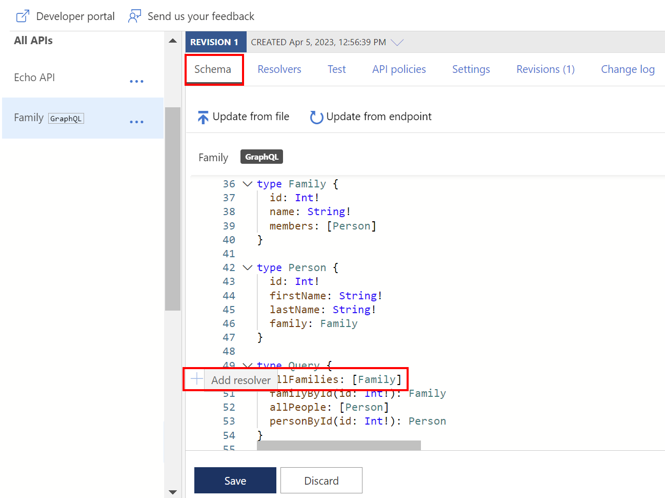 Azure Portal의 GraphQL 스키마에 있는 필드에서 확인자를 추가하는 스크린샷