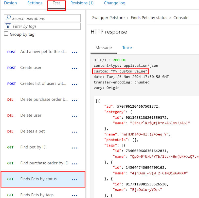 포털의 사용자 지정 응답 헤더를 보여 주는 스크린샷.