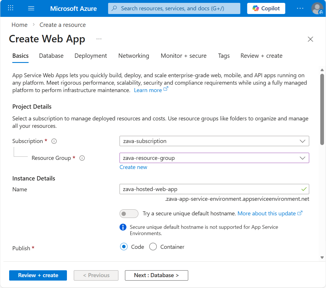 Azure 포털의 App Service Environment에서 웹앱을 만드는 방법을 보여주는 스크린샷입니다.