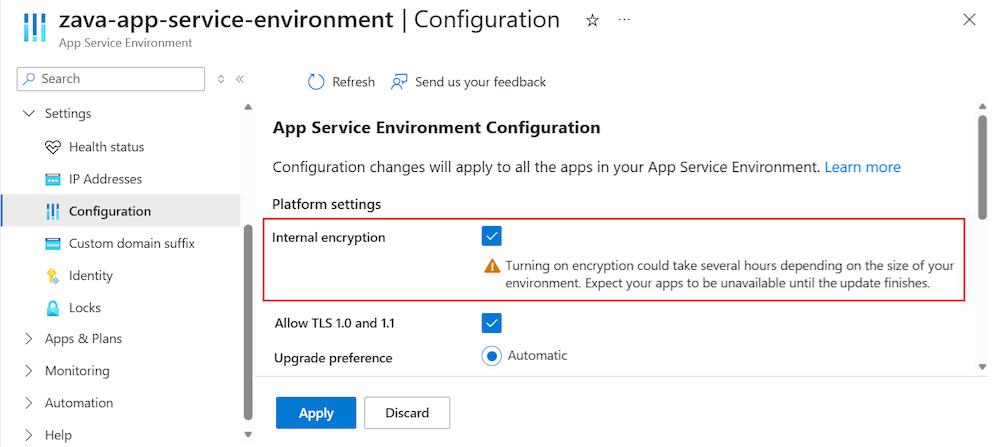 Azure 포털에서 App Service Environment의 내부 암호화를 활성화하는 방법을 보여주는 스크린샷입니다.