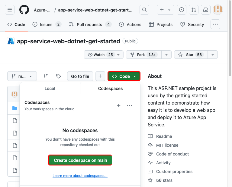 포크된 app-service-web-dotnet-get-started GitHub 리포지토리에서 코드스페이스를 만드는 방법을 보여 주는 스크린샷