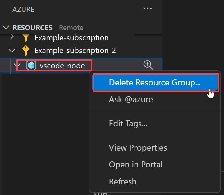 App Service 리소스가 포함된 리소스를 삭제하는 Visual Studio Code 탐색의 스크린샷