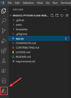 VS Code 왼쪽에 있는 도구 모음의 Azure 도구 아이콘 스크린샷.