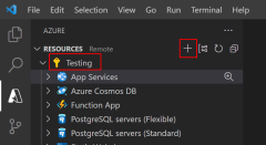 Azure 도구 확장의 App Service 섹션과 새 웹앱을 만드는 데 사용되는 바로 가기 메뉴의 스크린샷.