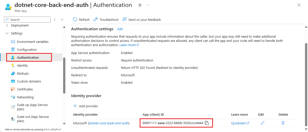 Microsoft Entra 앱과 복사할 클라이언트 ID를 보여 주는 Microsoft Entra 애플리케이션 창을 보여 주는 Microsoft Entra 설정 창의 스크린샷