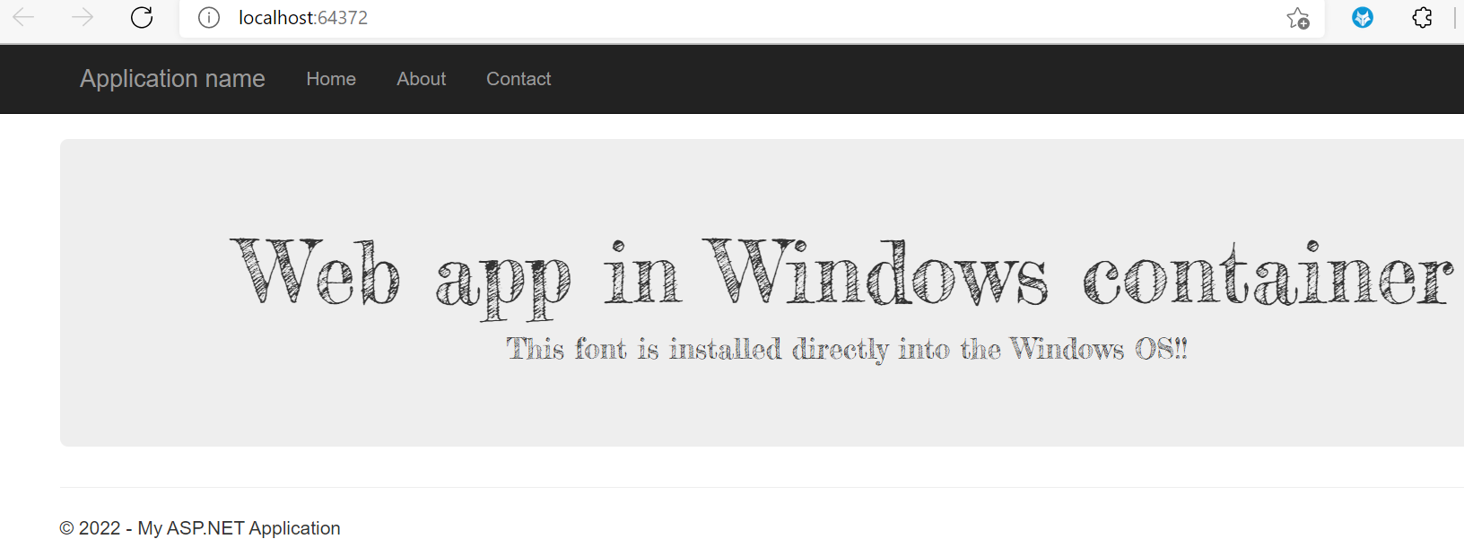 Windows 컨테이너에서 실행되는 웹앱을 보여 주는 스크린샷