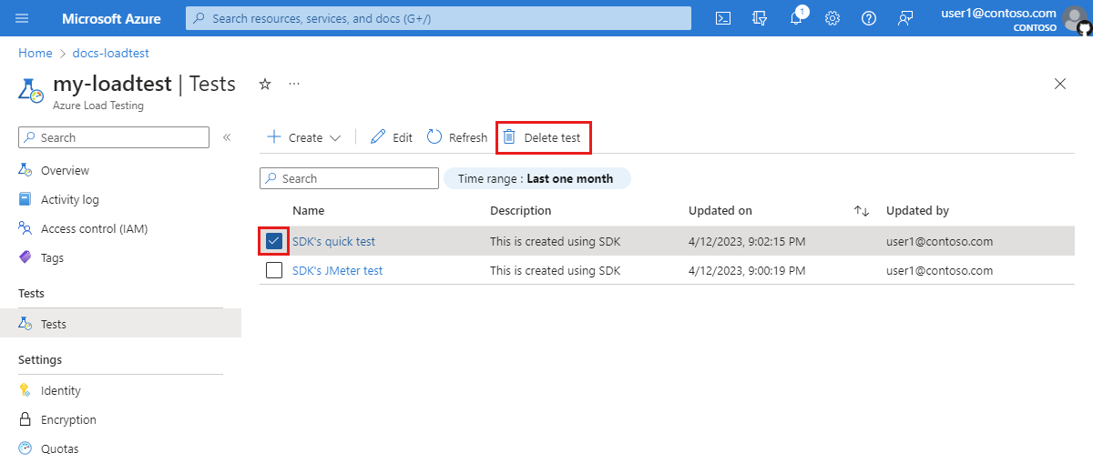 Azure Portal에서 부하 테스트를 선택하고 삭제하는 방법을 보여 주는 스크린샷.