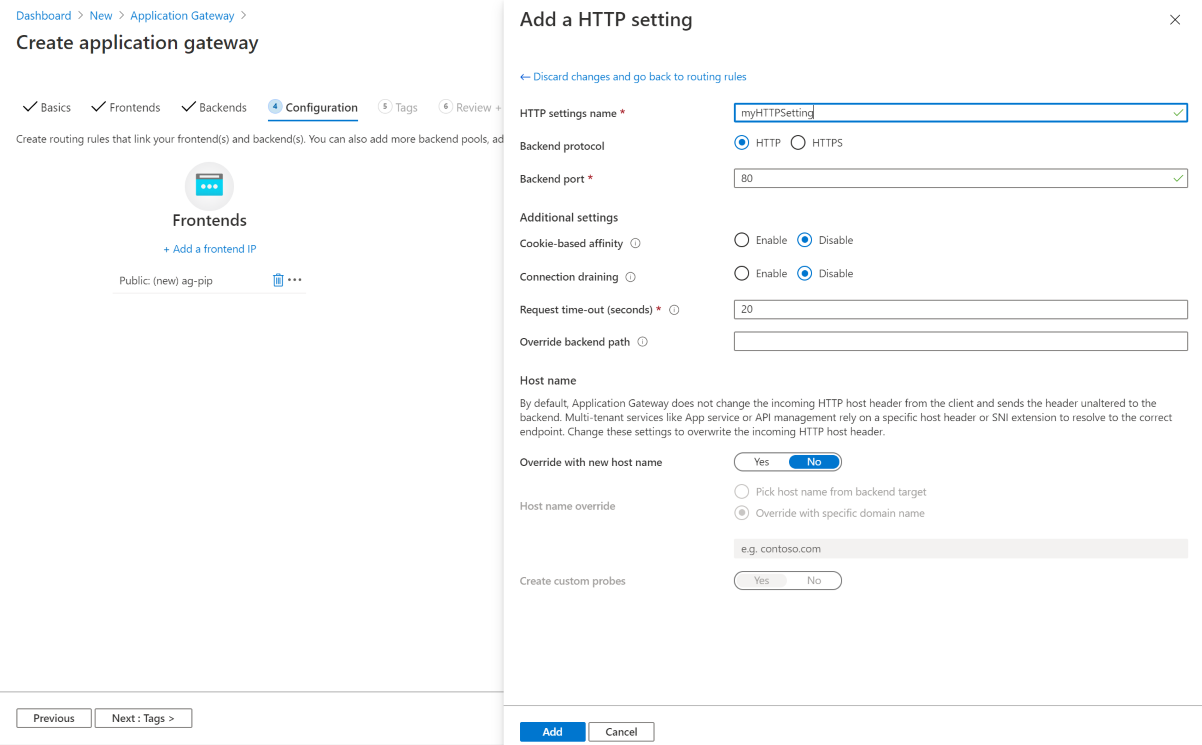 새 Application Gateway 만들기의 구성 탭에서 H T T P 설정 추가 스크린샷