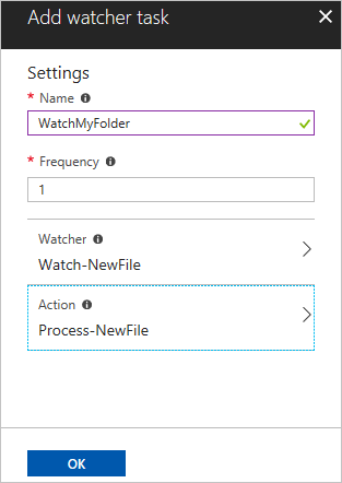Azure Portal에서 감시자 작업을 구성하는 스크린샷