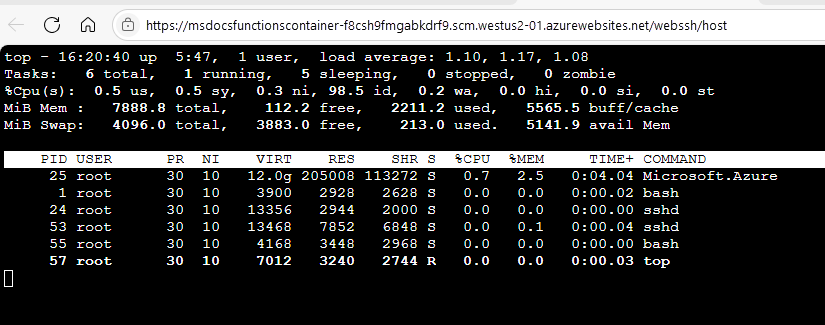 SSH 세션 내 작동하는 Linux top 명령어를 보여 주는 스크린샷