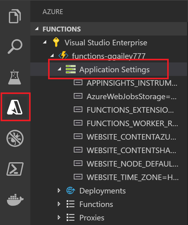  Visual Studio Code에서 함수 앱 설정 보기 기능의 스크린샷.