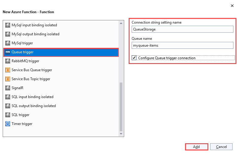 큐 트리거에 대한 새 Azure Function 대화 상자의 스크린샷으로, 연결 문자열 이름은 QueueStorage로 설정되고 큐는 myqueue-items로 설정됩니다.