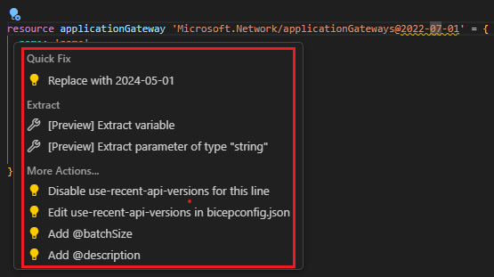 Visual Studio Code 빠른 수정 제안 스크린샷.
