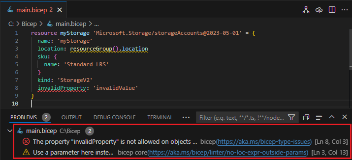 Visual Studio Code의 문제 창 스크린샷.