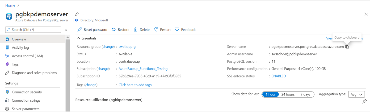 서버 이름을 포함하여 Azure Portal의 Azure PostgreSQL 리소스 보기를 보여 주는 스크린샷.