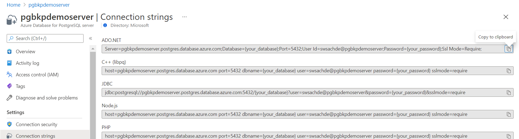 Azure Database for PostgreSQL 서버 연결 문자열을 비밀로 보여 주는 스크린샷