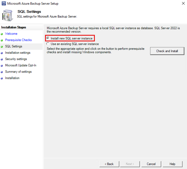 Azure Backup Server SQL 검사를 보여주는 스크린샷.