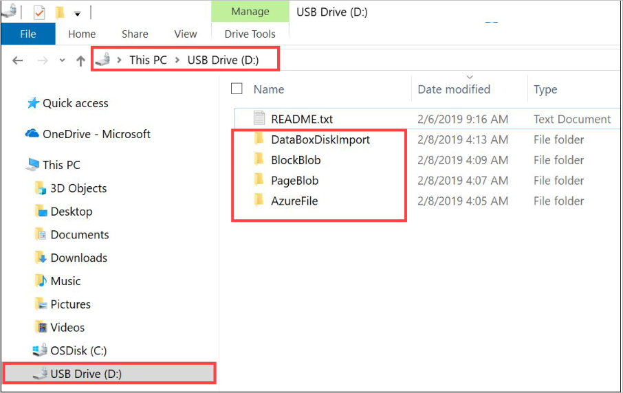 스크린샷은 Azure Data Box 디스크의 루트 디렉터리를 보여줍니다.