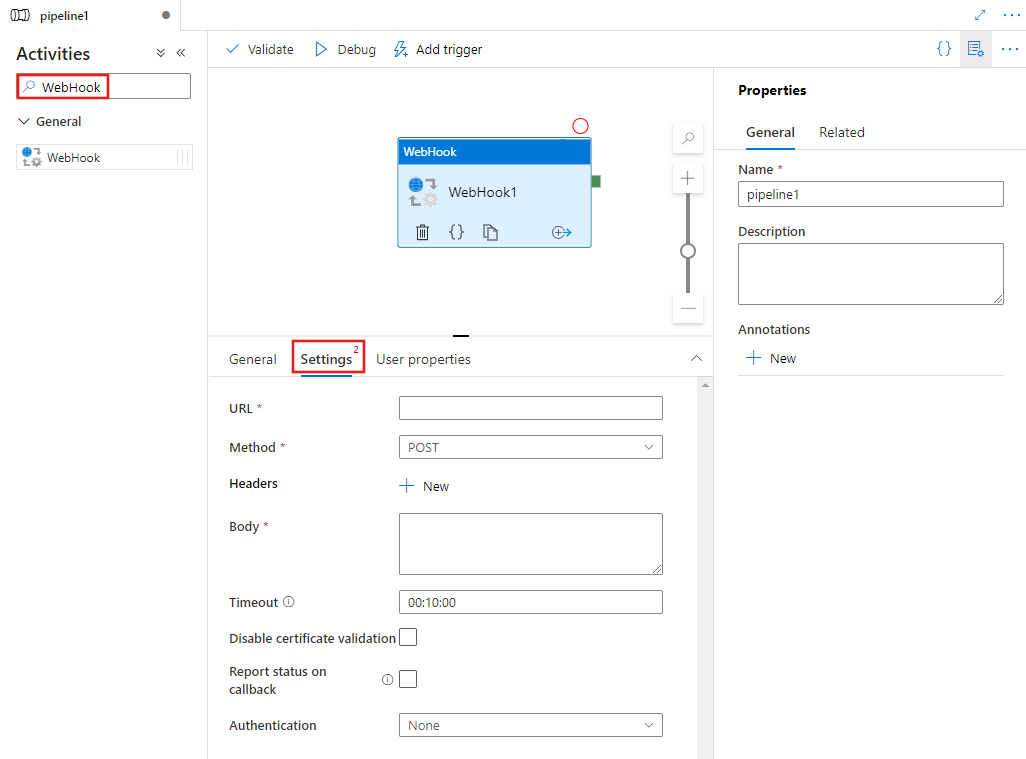Webhook 작업의 사용자 인터페이스(UI)를 표시합니다.
